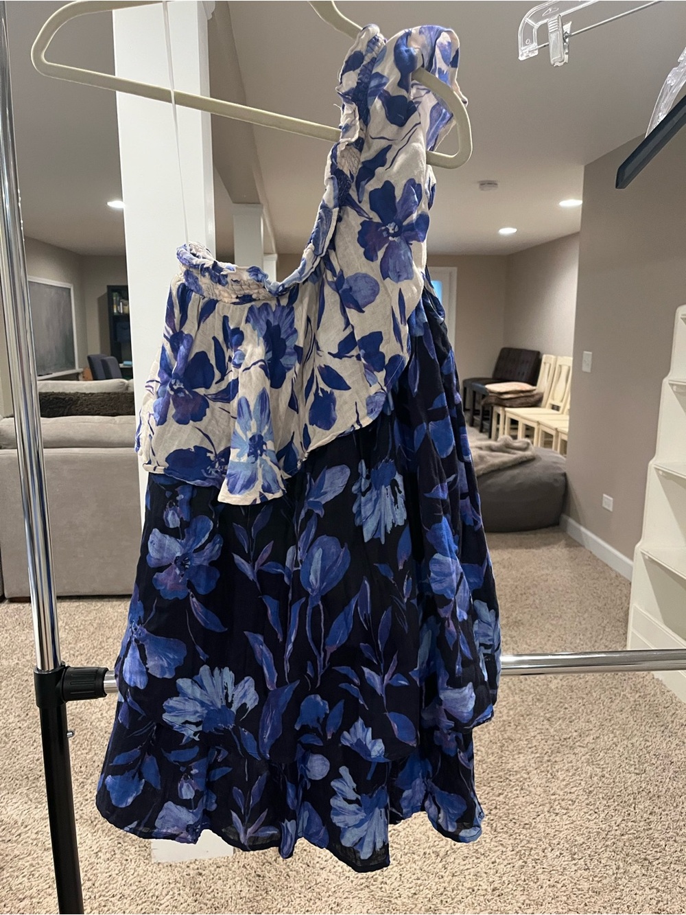 Anthropologie Navy and Cream Floral Trim dress One Shoulder